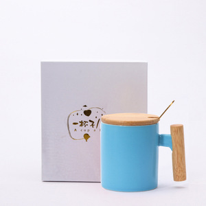 <b>Ceramic</b> Mug Set With Wooden Handle Solid Color Four Piece Coffee Tea <b>Cup</b> Gift For Events - Product Image 2