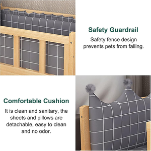 Junji เตียงแมวทำจากไม้สองชั้น, เตียงสัตว์เลี้ยงไม้แข็งยกสูงโต๊ะข้างเตียงที่นอนมีบันไดรั้วกั้นสุนัข - Product Image 4
