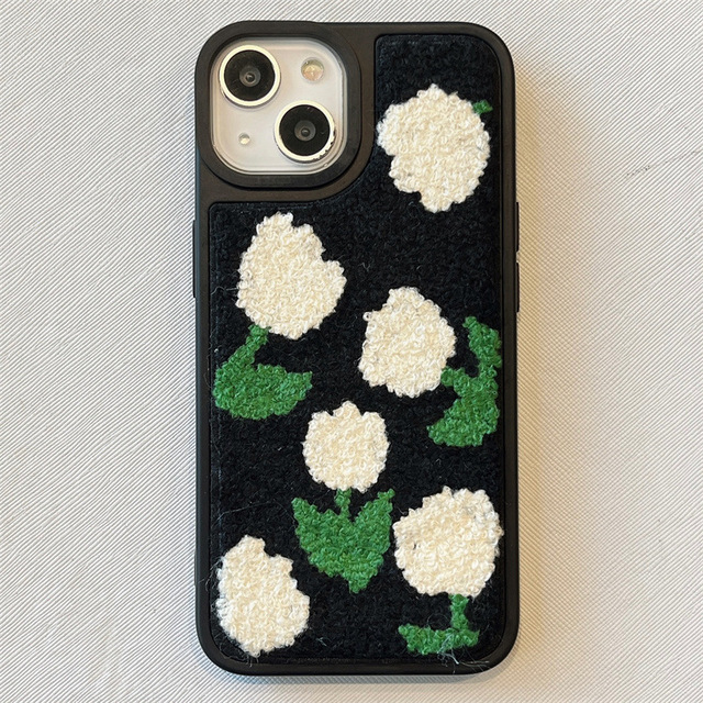 Funda Case for iPhone 11 12 13 14 Embroidery Phone Case Winter Plush Fur Flower Embroidery Case for iPhone 15 16Pro Max