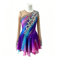 Robe de patinage artistique dégradé violet, bleu et rose, manches longues, dos en maille, jupe ornée de strass pour compétition et performance adultes et enfants