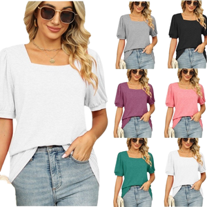 T-shirt décontracté pour femme J1, best-seller, couleur unie, en polyester, col rond, manches courtes froncées papillon, anti-boulochage, tricoté - Product Image 1