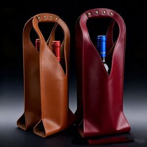 2 Bottles Leather Wine Tote <b>Bag</b> Vintage PU Wine Carrier <b>Gift</b> Handbag - Product Image 3