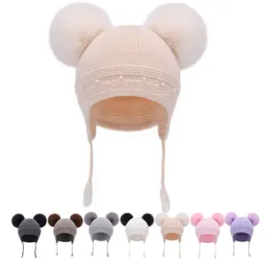 Bonnet <span class=keywords><strong>en</strong></span> <span class=keywords><strong>laine</strong></span> <span class=keywords><strong>de</strong></span> cachemire tricoté pour bébés, garçons, filles, enfants, épais, personnalisé, chaud, avec double <span class=keywords><strong>pompon</strong></span> détachable <span class=keywords><strong>en</strong></span> faux <span class=keywords><strong>lapin</strong></span> - Product Image 1