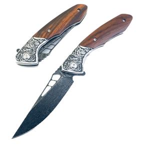 Couteau pliant multifonctionnel Demon Pill en acier de Damas, personnalisable OEM, lame de survie en plein air, camping, bricolage, manche en bois de qualité HK - Product Image 1