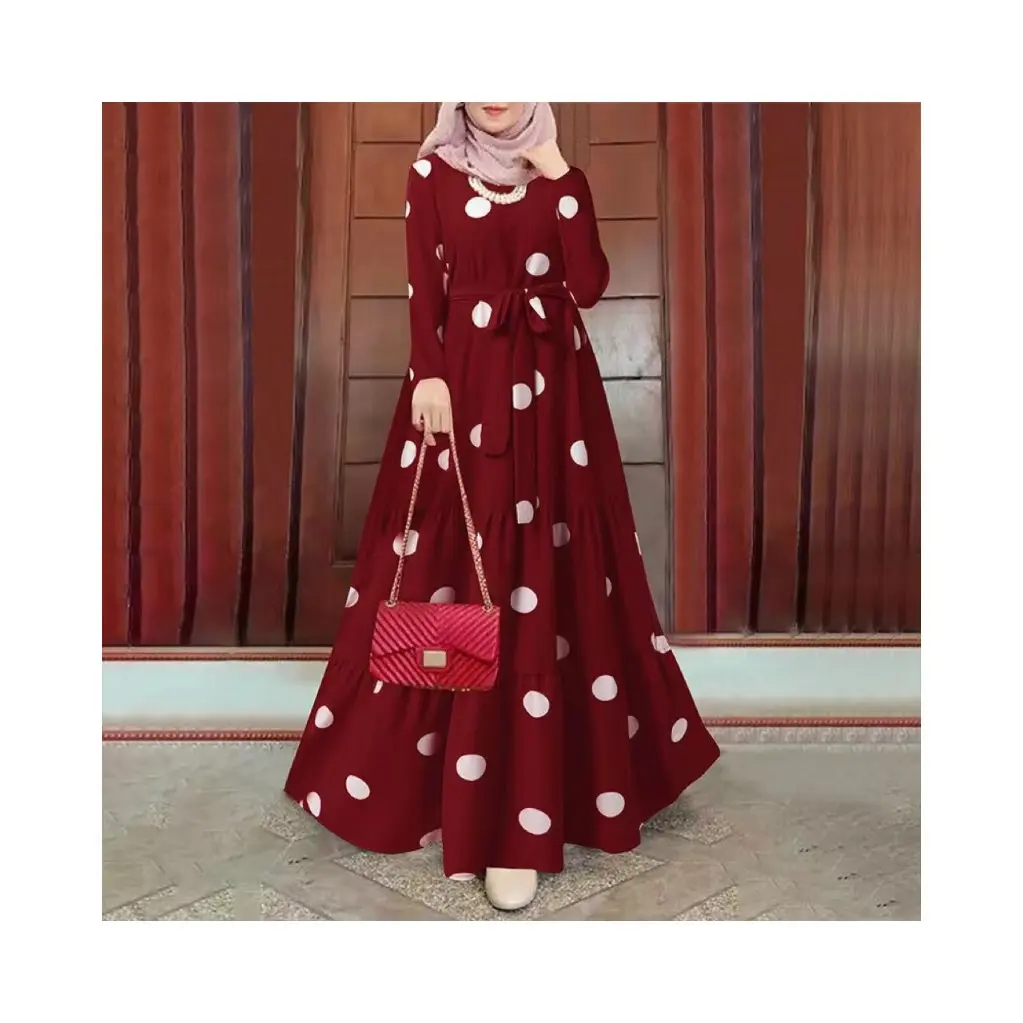 Vestido largo de gasa con estampado de lunares para mujer, ropa islámica, abaya turca, musulmán, estilo retro, otoño e invierno, 2023