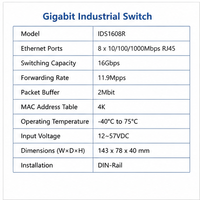 Switch PoE Industrial Hi-Net de 8 Puertos Gigabit Ethernet 10/100/1000Mbps RJ45 para Riel DIN, 12-57VDC, Amplio Rango de Temperatura