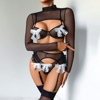 Ensemble de lingerie sexy dos nu en maille noire respirante ajourée, orné de nœuds en dentelle blanche, collection Deep Love