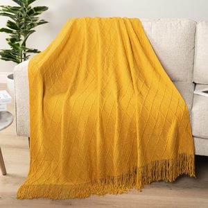 Couverture de lit en tricot doux jaune <span class=keywords><strong>moutarde</strong></span> pour canapé légère <span class=keywords><strong>et</strong></span> texturée Boho pour l'automne pour le salon Couverture d'extérieur - Product Image 2