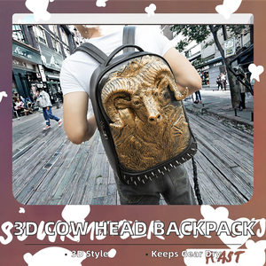 Sac à dos pour homme en cuir PU imperméable avec tête de vache 3D stéréoscopique, fermeture éclair, rivets, bandoulière arquée, capacité 20-35L, noir - Product Image 2