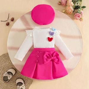Ensemble bébé <span class=keywords><strong>fille</strong></span> 0-3 <span class=keywords><strong>ans</strong></span> en coton imprimé respirant, comprenant un manteau à manches longues, une <span class=keywords><strong>jupe</strong></span> fendue à nœud et un béret - Product Image 1