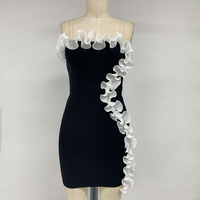 Robe bandage noire élégante pour femme, sans bretelles, taille empire, mini-robe, bordure à volants blancs, robe courte décontractée pour club