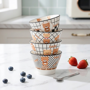 Bol à riz en céramique style mignon dessin animé motif ours à carreaux, design chapeau de paille, 5 pouces, compatible micro-ondes, anti-brûlure, épaissi, écologique - Product Image 4