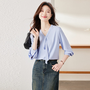Women's Blue Chiffon Shirt Long Sleeve V-Neck Wrap <b>Tie</b> Work Blouse Solid Color <b>Polyester</b> Fabric - Product Image 4