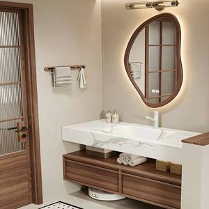 Meuble de salle de bain suspendu en bois de noyer style vintage avec miroir lumineux intelligent et vasque intégrée en pierre. - Product Image 3
