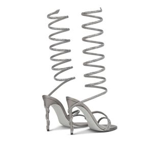 Tacones de aguja sexys con correa larga de 10 cm, punta cuadrada, diseño de serpiente en espiral negra para mujer - Product Image 4