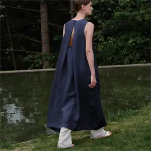 Custom Solid Collarless Minimalist Sleeveless Modest Dresses Button Loose Maxi Long Casual Blue Women Cotton Linen Dress Summer
