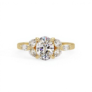 Anillo de compromiso de lujo de oro amarillo de 14K con diamantes de corte ovalado de 2.20 CT TDW y piedras laterales marquesa y redondas con engaste de garras - Product Image 3