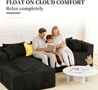 Canapé d'angle moderne en velours côtelé noir, deux places, avec chaise longue, assise profonde, accoudoirs extra larges, support lombaire, rembourrage en mousse, idéal pour appartement