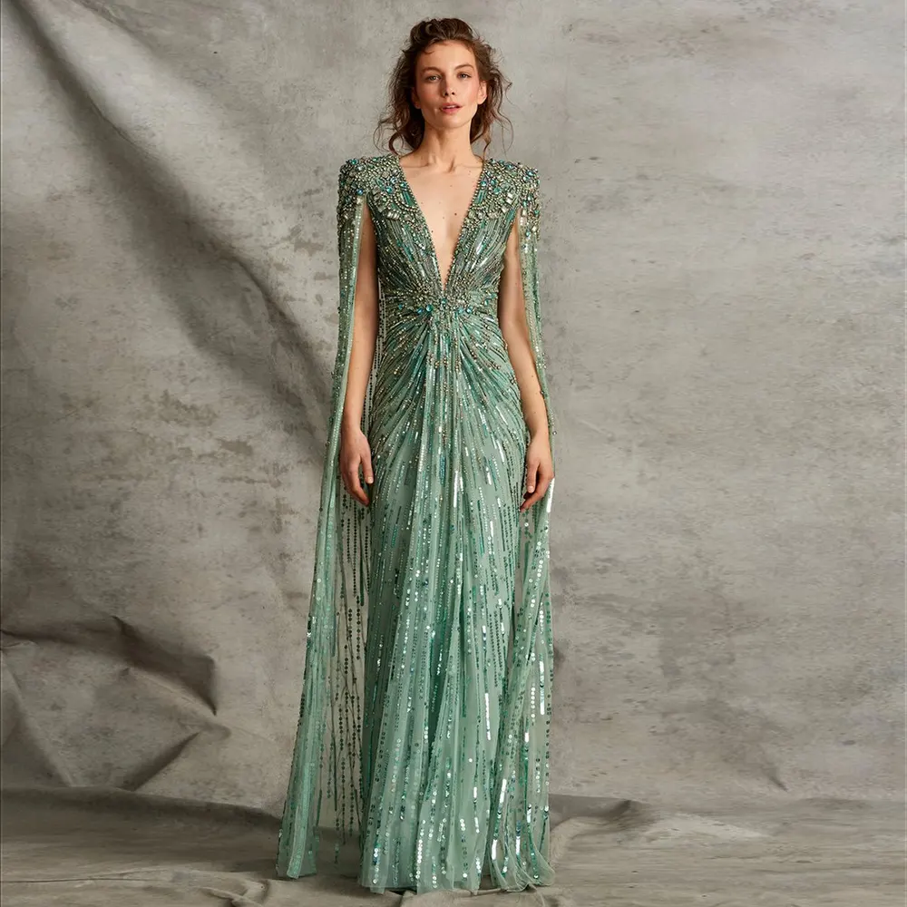 Luxe Dubaï Sage Vert Robes De Soirée Avec Cape Fuchsia Cristal Or Femmes Élégantes De Mariage Formelle Robe De Soirée Sz399