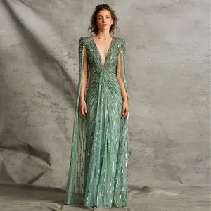 Luxury Dubai Sage Green Evening Dresses With Cape Fuchsia Crystal Gold Elegant Women Wedding Formal Party Gown Sz399