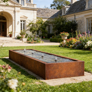 Fontaine d'eau rectangulaire en acier Corten Gnee Garden pour l'aménagement paysager extérieur, avec éclairage LED, finition brossée, design moderne autoportant pour jardin - Product Image 3