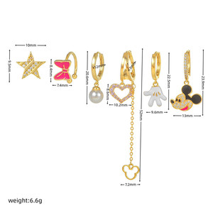 सपा प्यारा लड़की फैशन गुलाबी तामचीनी माउस कान की बाली सेट 18K सोना मढ़वाया जिक्रोन दिल लंबी लटकन कान की बाली सेट - Product Image 6