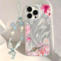 Coque de téléphone portable INS en soie argentée à motif tortue de mer bleue et étoile de mer avec chaîne pour iPhone 16 17 Pro Max Air