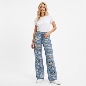Jean en denim déchiré taille haute coupe ample pour homme, grande taille, en coton, décontracté, avec braguette boutonnée - Product Image 1
