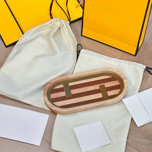 Oval Wooden Tray With Striped Wood and Metal Logo Decorative Storage Tray <b>Gifts</b> <b>Set</b> for Jewelry Cosmetics and Tabletop - Product Image 1