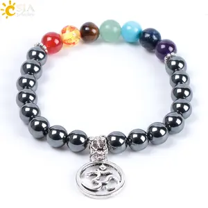 CSJA Mode Hämatit 7 Chakra Armband Naturstein Buddha Charms Rosenkranz Gebet Stretch Armband für Freundschaft E997