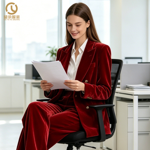 Blazer Elegante <span class=keywords><strong>de</strong></span> <span class=keywords><strong>Terciopelo</strong></span> Rojo para <span class=keywords><strong>Mujer</strong></span>, Cruzado, con Forro Floral y Decoración <span class=keywords><strong>de</strong></span> Botones, Método <span class=keywords><strong>de</strong></span> Tejido No Tejido, para Fiestas y Eventos Nocturnos - Product Image 2