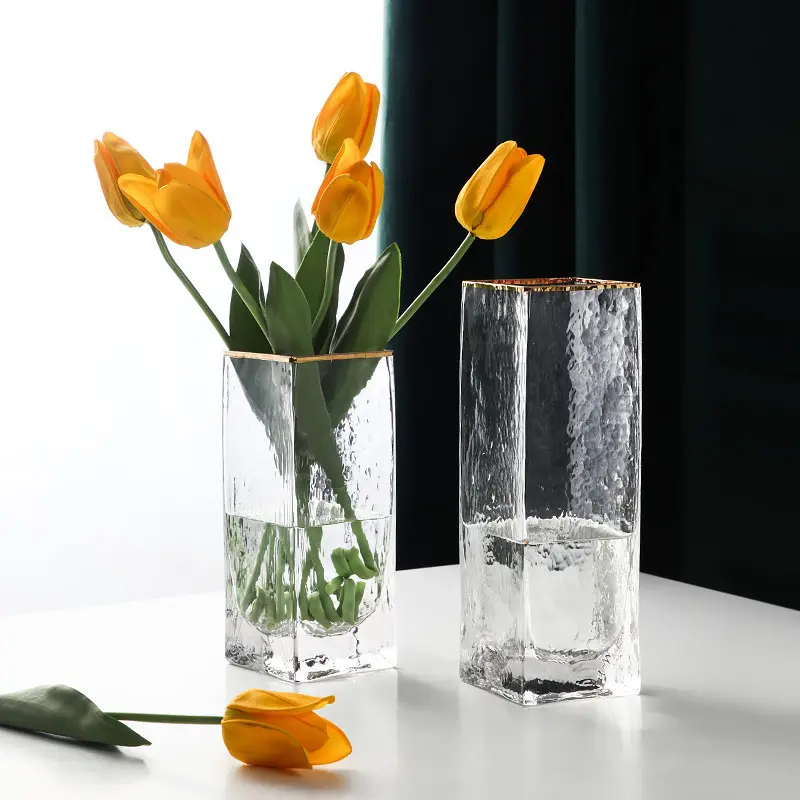 テーブルデコレーション用の結婚式の磁器透明ガラスグラデーションフラワー長方形ロングハンドクリスタルガラス花瓶