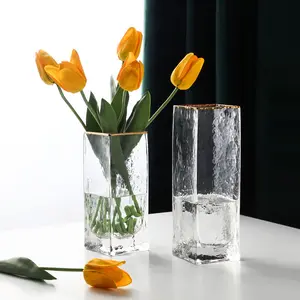 Vaso de vidro de cristal para decoração de mesa, vaso retangular de mão longa para flores e porcelana de vidro transparente para casamento