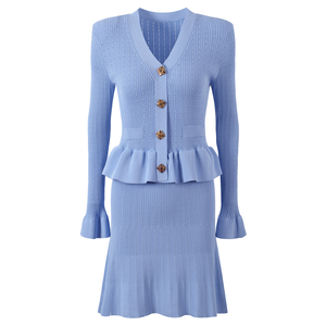Autunno autunno Vintage stile francese signora tinta unita <span class=keywords><strong>con</strong></span> scollo a V manica lunga da donna a balza in vita svasata aderente abito lungo orlo - Product Image 1