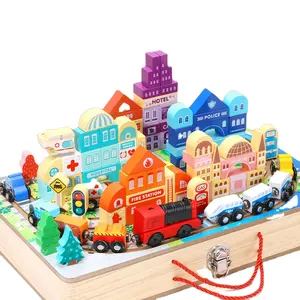 木製鉄道車磁気電気小型列車ストリートビュービルディングブロックアセンブリパッケージ子供用教育玩具車