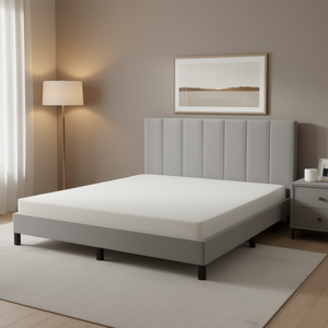 Base de Cama Tapizada en Terciopelo Gris Claro, Diseño Moderno y Suave - Product Image 2