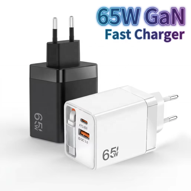 65W GaN Phone Charger Fast Wall Plug with Built-in Type C Cable Multi Port Power Adapter for Laptop Tablet Mobile Devices