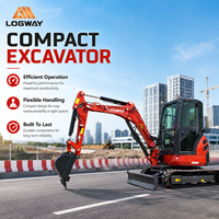 Mini-excavatrice LOGWAY en stock pour le travail de construction en flotte de loueurs, avec cabine fermée et chenilles durables