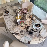 Table à manger en marbre Pandora poli de haute qualité, forme ovale spéciale, table de restaurant de luxe pour projet d'aménagement intérieur haut de gamme