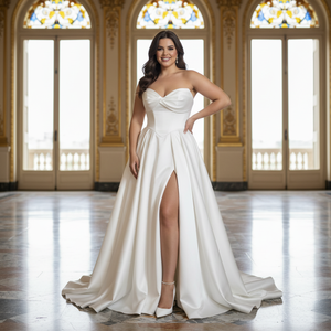 Abito <span class=keywords><strong>da</strong></span> <span class=keywords><strong>Sposa</strong></span> Senza Spalline in Raso <span class=keywords><strong>con</strong></span> Scollatura a Cuore, Gonna a Palloncino Plissettata e <span class=keywords><strong>Velo</strong></span> in Tulle <span class=keywords><strong>con</strong></span> Fiori 3D, Elegante Abito Nuziale - Product Image 1