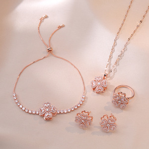 Fashion Jewelry Sets <strong>Stainless</strong> <strong>Steel</strong> <strong>Chain</strong> Cat's Eye Zircon Four Leaf Clover Necklace Rotatable Bracelet Earrings Ring for Women - Product Image 4