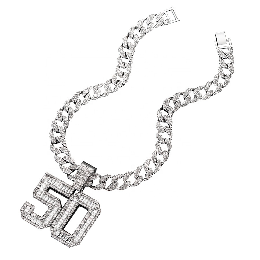 Silver Color Iced Out Cuban Chain with Rhinestone Pendant