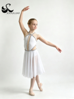 Costume de danse lyrique blanc à sequins découpés Anna Shi, col halter, jupe en mousseline, robe de compétition de ballet contemporain pour filles