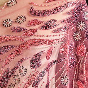 Заводская изготовленная на заказ Тюлевая кружевная ткань из органзы, жаккардовая ткань, разноцветная красная кружевная ткань с бусинами - Product Image 4