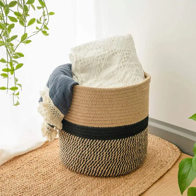 wholesale large plant basket straw woven cotton rope baby toy laundry container clothes storage baskets hampers