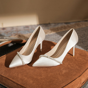 Elegant Satin Slip-On Pointed <b>Toe</b> Stiletto Heels Bead Decoration Fashion Trend for Wedding Evening Wear Women's High Heel Shoes - Product Image 1