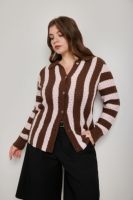 Cardigan en tricot ajouré à col polo pour femmes grandes tailles, rayures verticales marron et rose, manches longues, pull tricoté rayé, vêtement d'extérieur