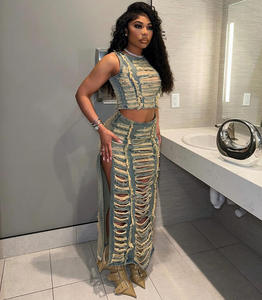 Top corto Vintage in <span class=keywords><strong>jeans</strong></span> e gonna lunga con spacco Set di due pezzi da donna vestiti strappati in Denim - Product Image 3