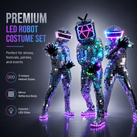 Costume de robot miroir avec casque LED, visière néon argentée, combinaison intégrale, pour scène, DJ, homme, danse, gants, tenue de fête futuriste