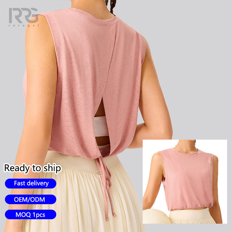 Roregal Women's Drawstring Running Tank Top Breathable Quick Dry Round Neck Sleeveless Shirt for Yoga Gym Fitness